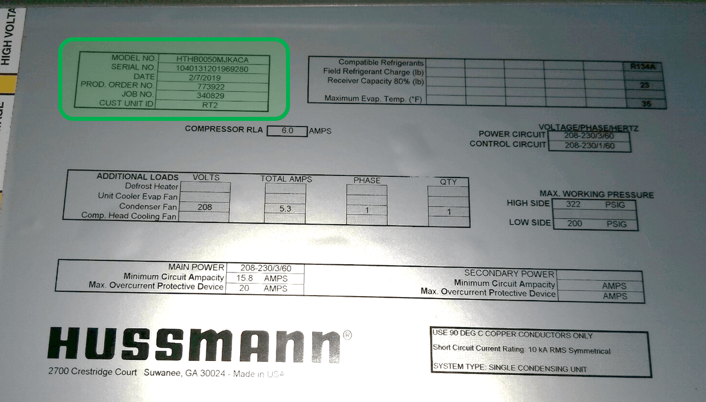 Hussmann Suwanee Older Rack Serial Plate