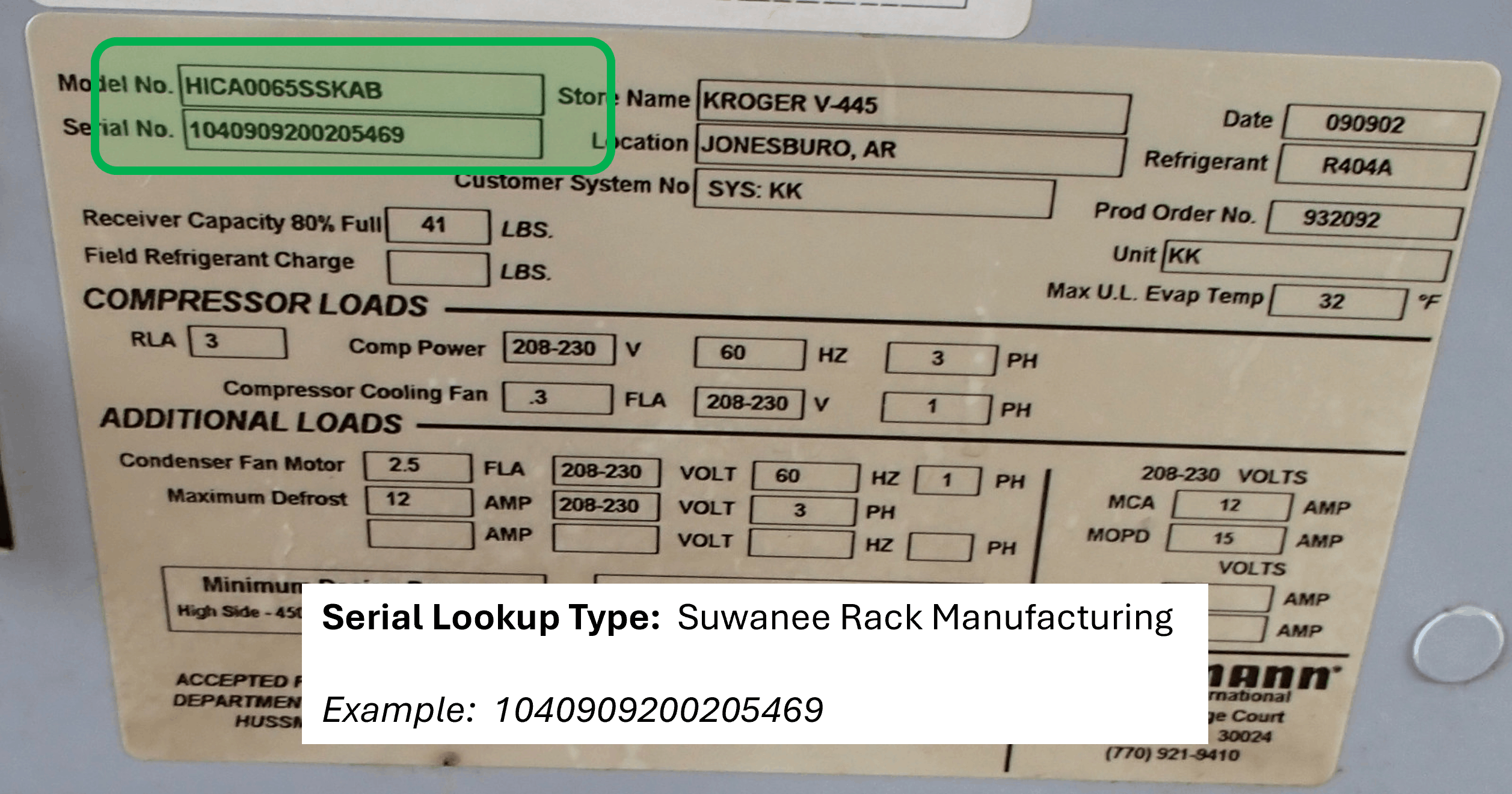 Hussmann Suwanee Rack Serial Plate